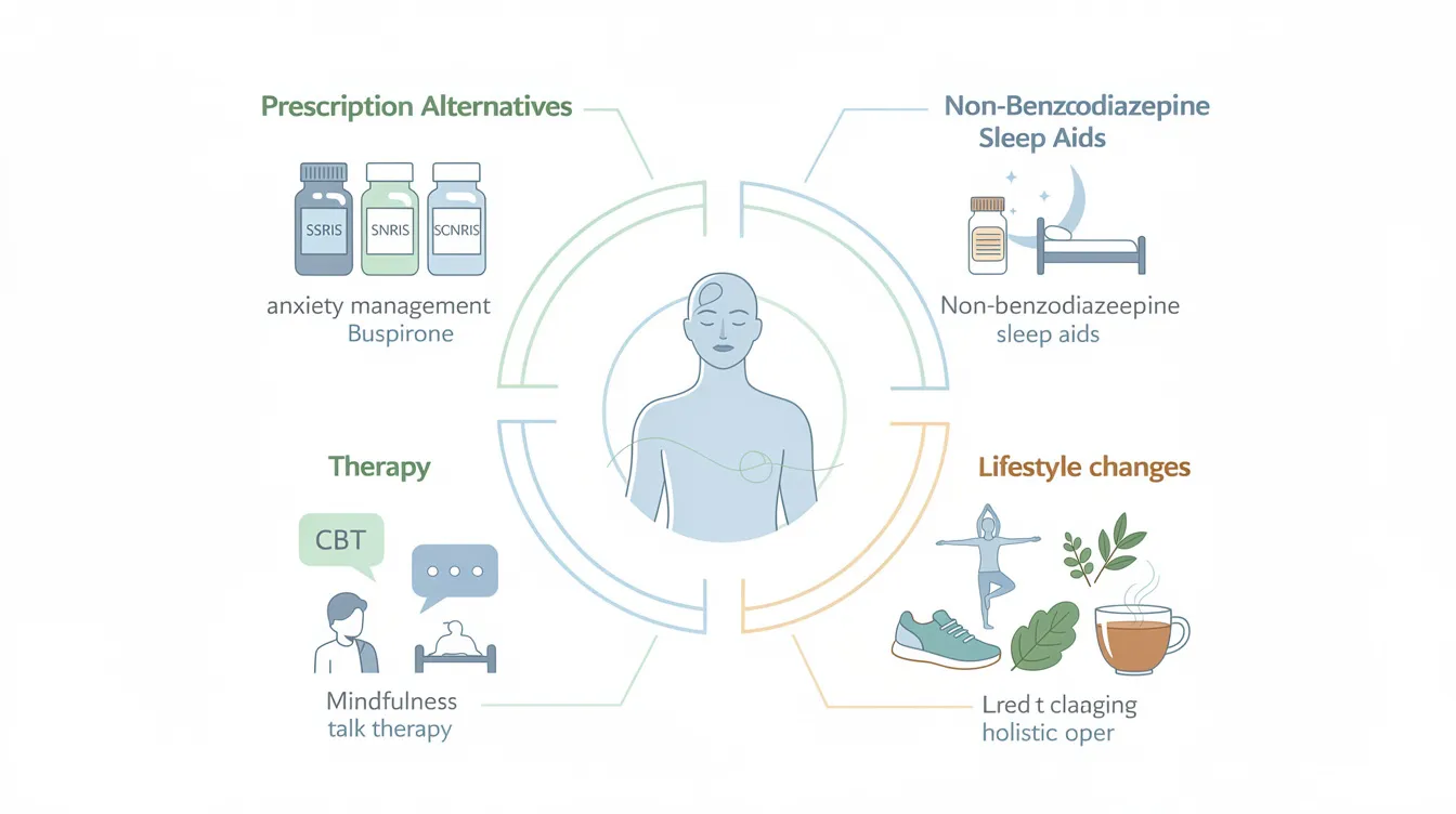 The image depicts various alternatives to benzodiazepines for treating anxiety disorders, featuring non-addictive anxiety medications such as selective serotonin reuptake inhibitors (SSRIs) and beta blockers, which help manage anxiety symptoms without the risk of addiction. This visual representation emphasizes the importance of exploring different treatment options for mental health, including managing panic attacks and reducing physical anxiety symptoms.