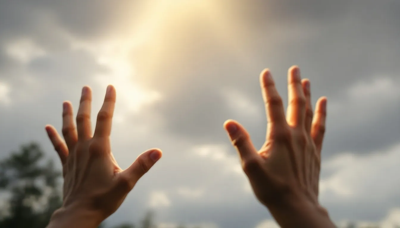 The image depicts hands reaching out towards sunlight that breaks through a cloudy sky, symbolizing hope and healing. This scene can evoke feelings of resilience and the journey towards overcoming traumatic experiences, which is essential in trauma-focused therapy and coping strategies for mental health.