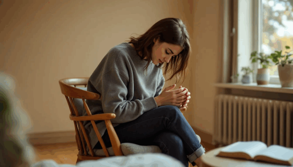 Person practicing calming techniques during a therapy session to support nervous system healing and stress reduction