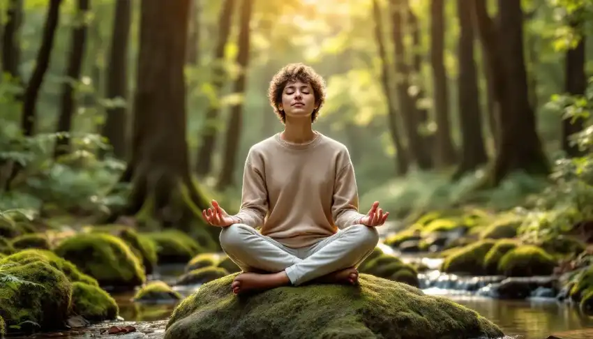 The image depicts a person sitting peacefully in a serene natural setting, embodying the journey of healing and recovery from trauma. This scene symbolizes the importance of mental health and emotional regulation in overcoming traumatic experiences and finding tranquility amidst life's challenges.