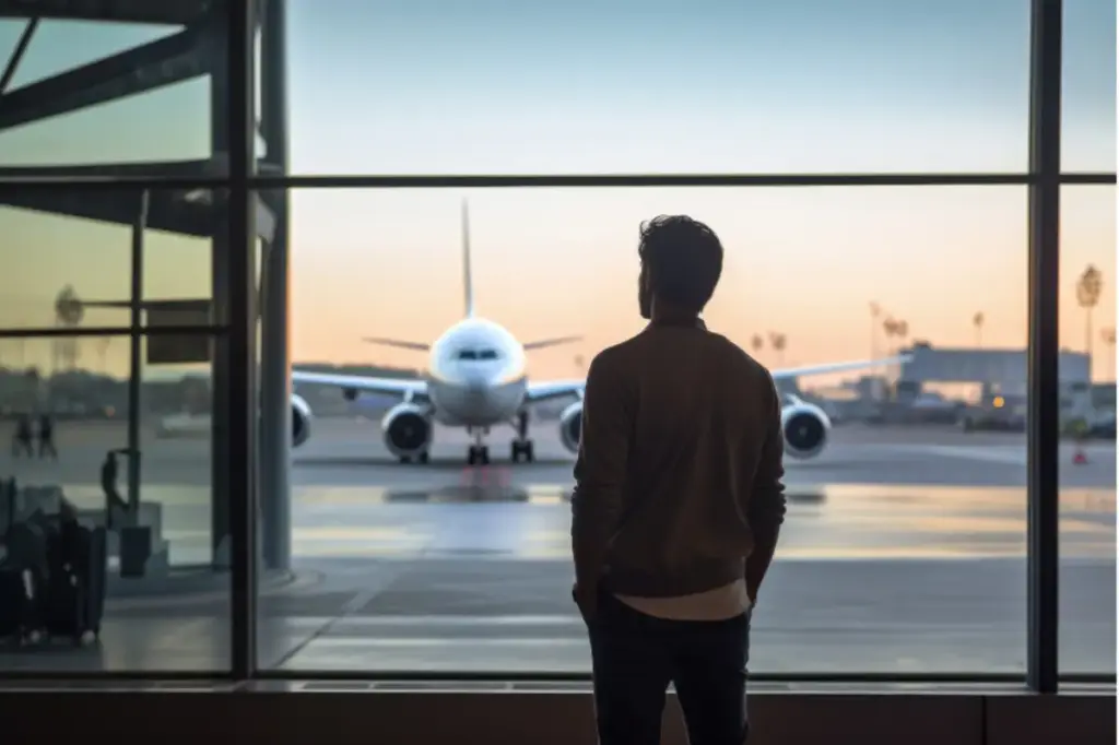 Man standing at an airport window looking at an airplane, preparing for travel to an addiction treatment center.