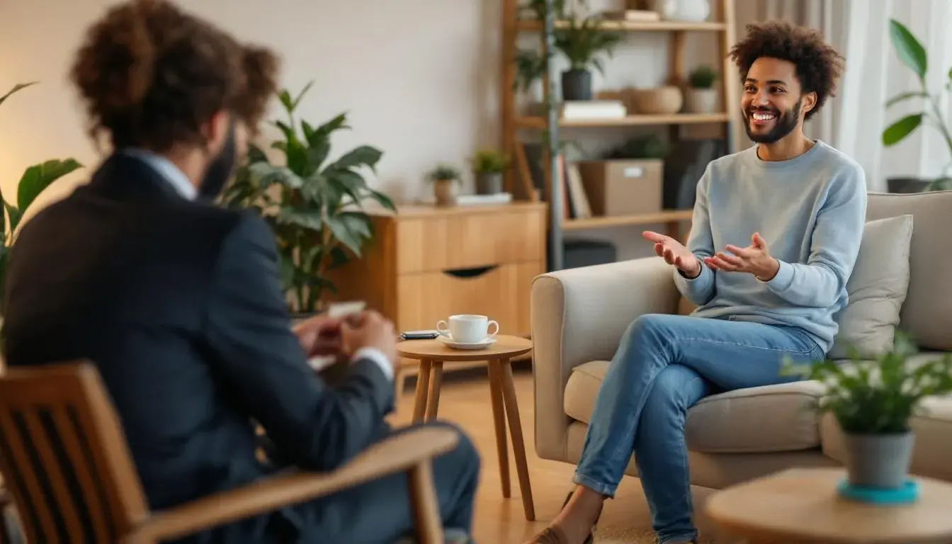 The image depicts a person engaged in a therapy session with a counselor in a cozy, inviting setting, emphasizing the importance of mental health and addiction treatment for individuals facing substance use disorders. The atmosphere suggests a supportive environment conducive to discussing addictive behaviors and developing healthier coping mechanisms.