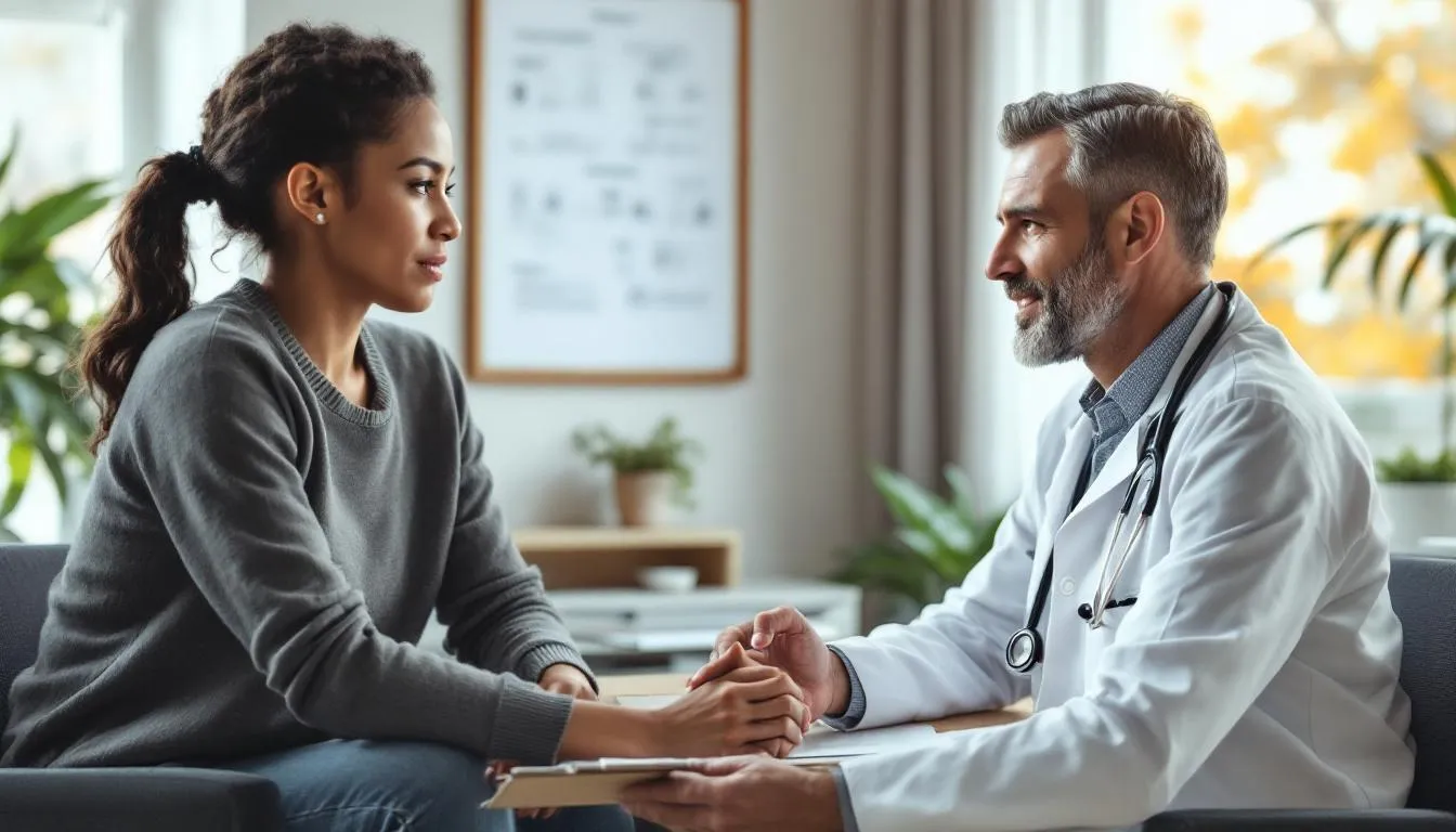 A person is engaged in a conversation with a healthcare provider in a professional setting, discussing topics related to alcohol consumption and potential drinking problems, including the impact of excessive drinking and the benefits of seeking professional support for alcohol use disorders. The atmosphere is supportive, emphasizing health and wellness.