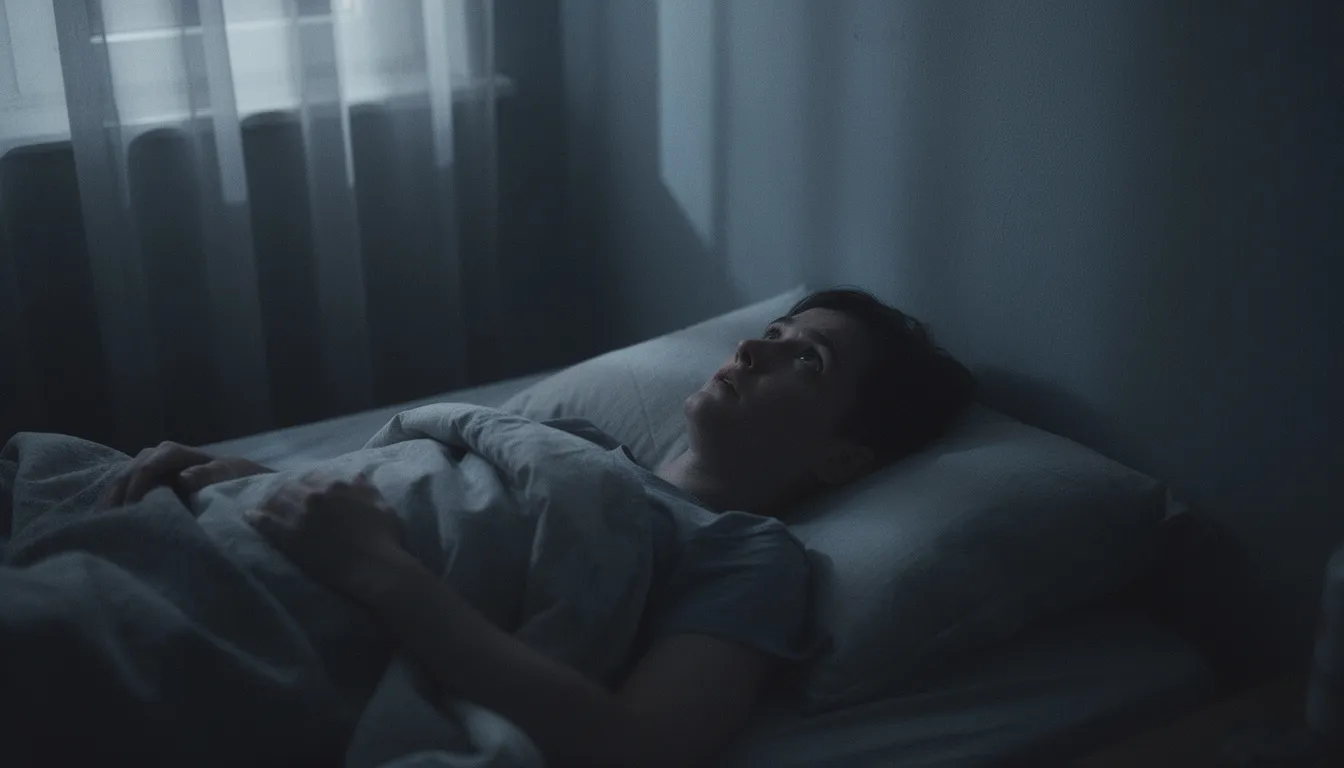 A person lies awake in bed at night, staring at the ceiling in a dimly lit room, illustrating the struggle with alcohol withdrawal insomnia and the accompanying sleep disturbances that can disrupt sleep patterns during early recovery from alcohol use disorder. The scene conveys a sense of restlessness and difficulty falling asleep, highlighting the challenges of managing withdrawal symptoms.