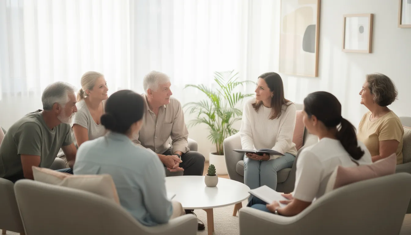 A diverse group of individuals sits in a supportive circle during a therapy session in a bright, calming room, fostering a sense of community and well-being as they address various mental health conditions. This setting exemplifies the importance of treatment programs, such as partial hospitalization, in providing essential support for patients on their journey towards recovery and personal development.