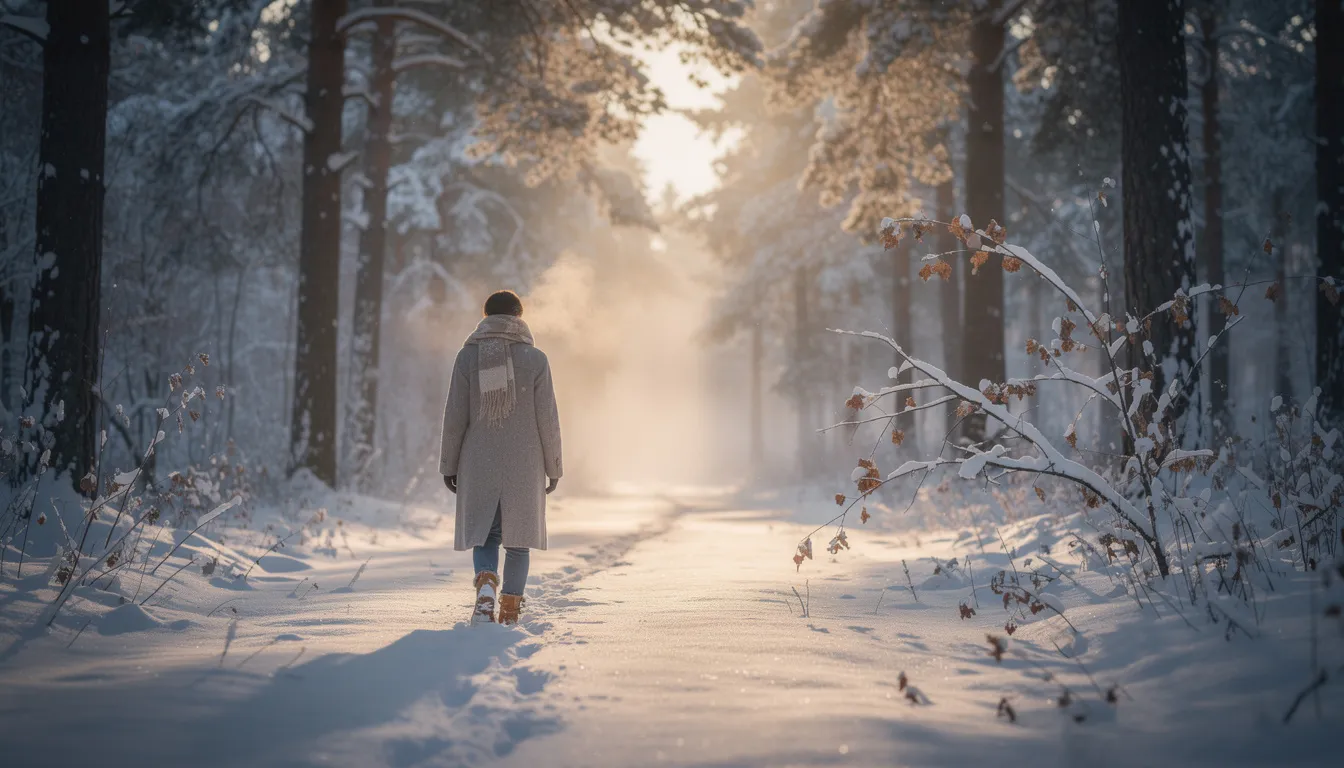 A person walks peacefully through a snowy landscape, symbolizing their healing journey from mental health challenges and the emotional ups and downs of early sobriety. This serene scene emphasizes the importance of self-compassion and the pursuit of a fulfilling life while managing depression symptoms and seeking support.