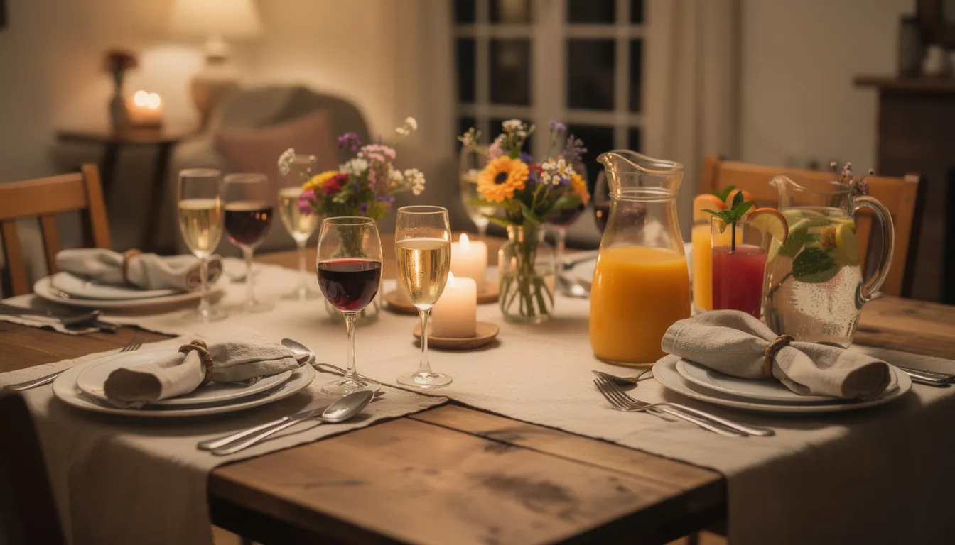The image depicts a family dinner table set with a variety of alcoholic and non-alcoholic beverages, showcasing a supportive environment for both sober individuals and those who drink. It emphasizes the importance of family gatherings in maintaining connections and fostering conversations about mental health and addiction recovery.