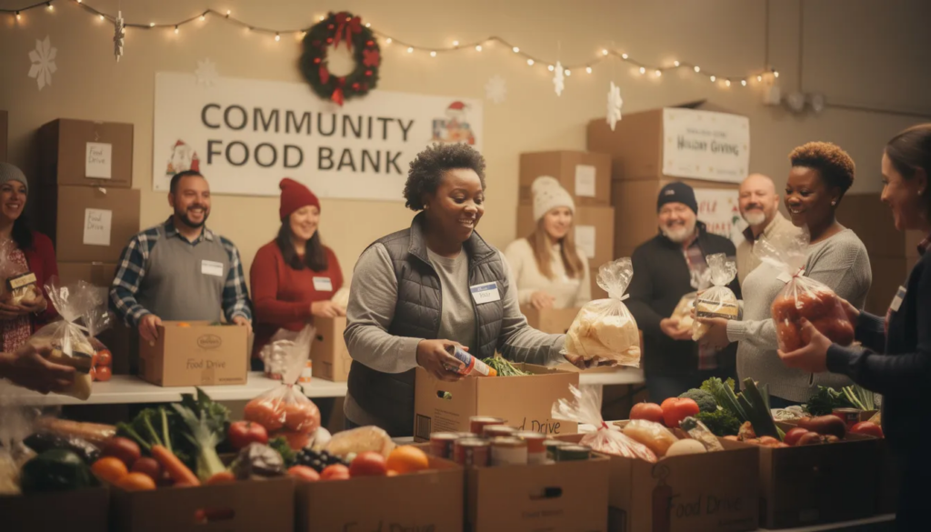 A diverse group of people is volunteering at a food bank during the holidays, smiling and working together to support those in need. Their collective effort embodies the spirit of giving, contributing to a sense of community and well-being during this joyful season.