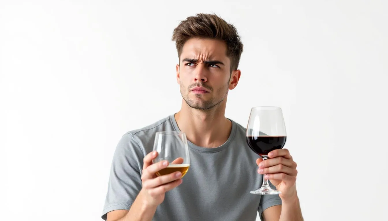 A stressed person holds a glass, embodying the internal conflict faced by gray area drinkers as they navigate their drinking habits and the potential risks of excessive alcohol consumption. The image captures the emotional struggle associated with alcohol use disorder and the desire to relieve stress while grappling with the implications of their drinking behavior.