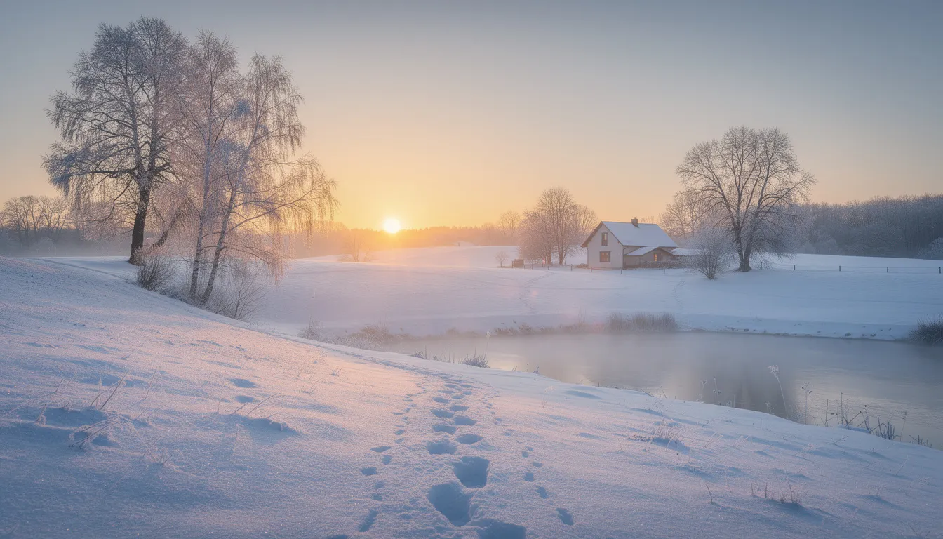 A serene winter morning scene captures a clear sunrise, symbolizing the mental clarity and fresh start achieved after completing a sober holiday month. The tranquil setting reflects the positive changes in mental health and overall well-being that come from taking a break from alcohol consumption.