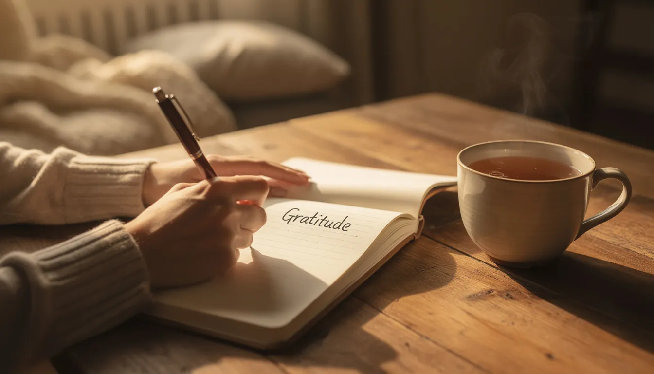 The image depicts hands writing in a gratitude journal, illuminated by warm lighting, with a cup of tea nearby, symbolizing the practice of gratitude in recovery. This scene reflects the importance of emotional well-being and personal growth, encouraging a positive mindset and resilience during challenging moments.