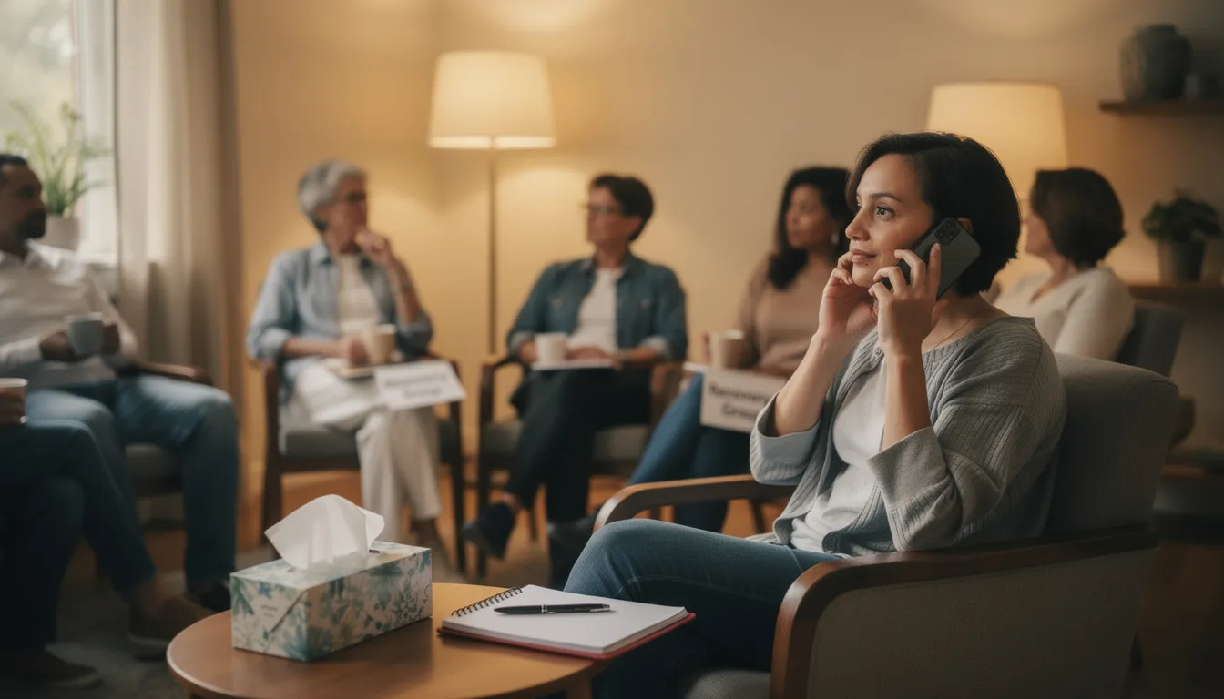 The image depicts a person engaged in a supportive phone call, reflecting the importance of mutual support in the recovery journey. This moment emphasizes practicing gratitude as a powerful tool for emotional well-being, helping to foster a positive mindset and resilience during difficult times.