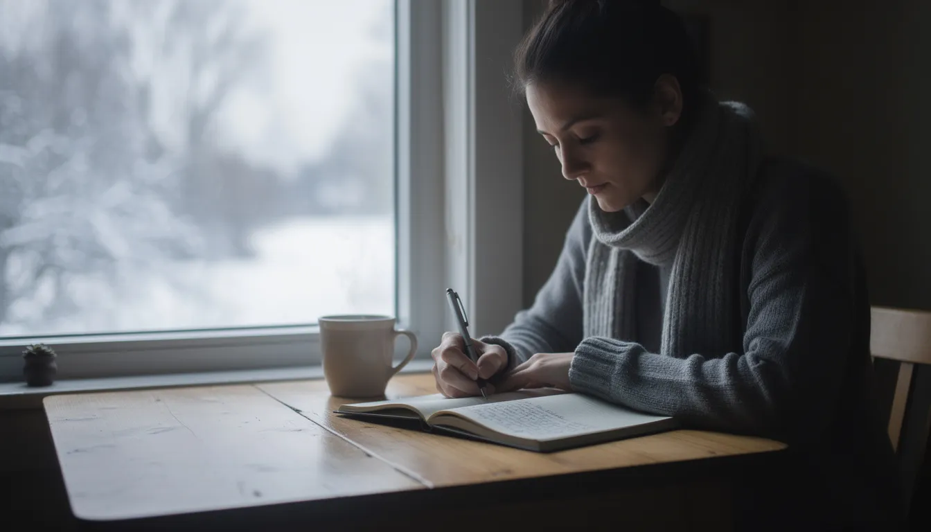 A person is sitting by a window, writing thoughtfully in a journal during winter, with soft natural light illuminating the scene. This moment of reflection embodies the practice of gratitude in recovery, promoting emotional well-being and a positive mindset amidst life's challenges.
