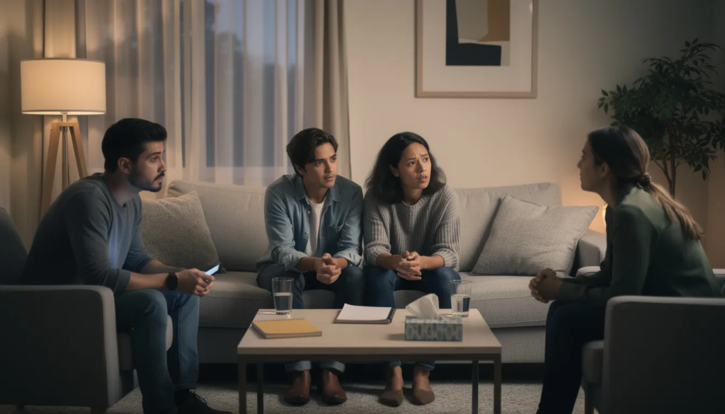 A small group of people is seated in a cozy living room, engaged in a serious discussion about substance use and addiction treatment options, and how to get an alcoholic to rehab. Their expressions reflect concern and support as they explore ways to help a loved one seek treatment for drug or alcohol addiction.