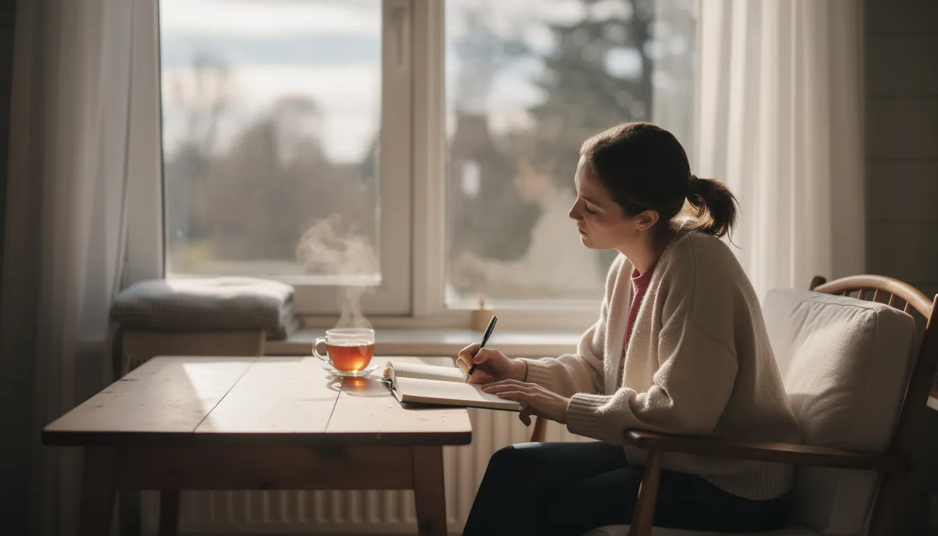 A person sits quietly by a window, journaling with a cup of tea, reflecting on their recovery journey and finding joy in everyday moments. The scene embodies a sense of calm and gratitude, highlighting the importance of mental health and the pursuit of lasting happiness in sobriety.
