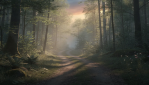 The image depicts a serene, winding path through a tranquil forest at dawn, with soft light filtering through the trees, inviting a sense of peace and reflection. This setting can symbolize the journey of recovery from alcohol use disorder, where individuals seek support and treatment to manage their drinking habits and overcome alcohol-related problems.