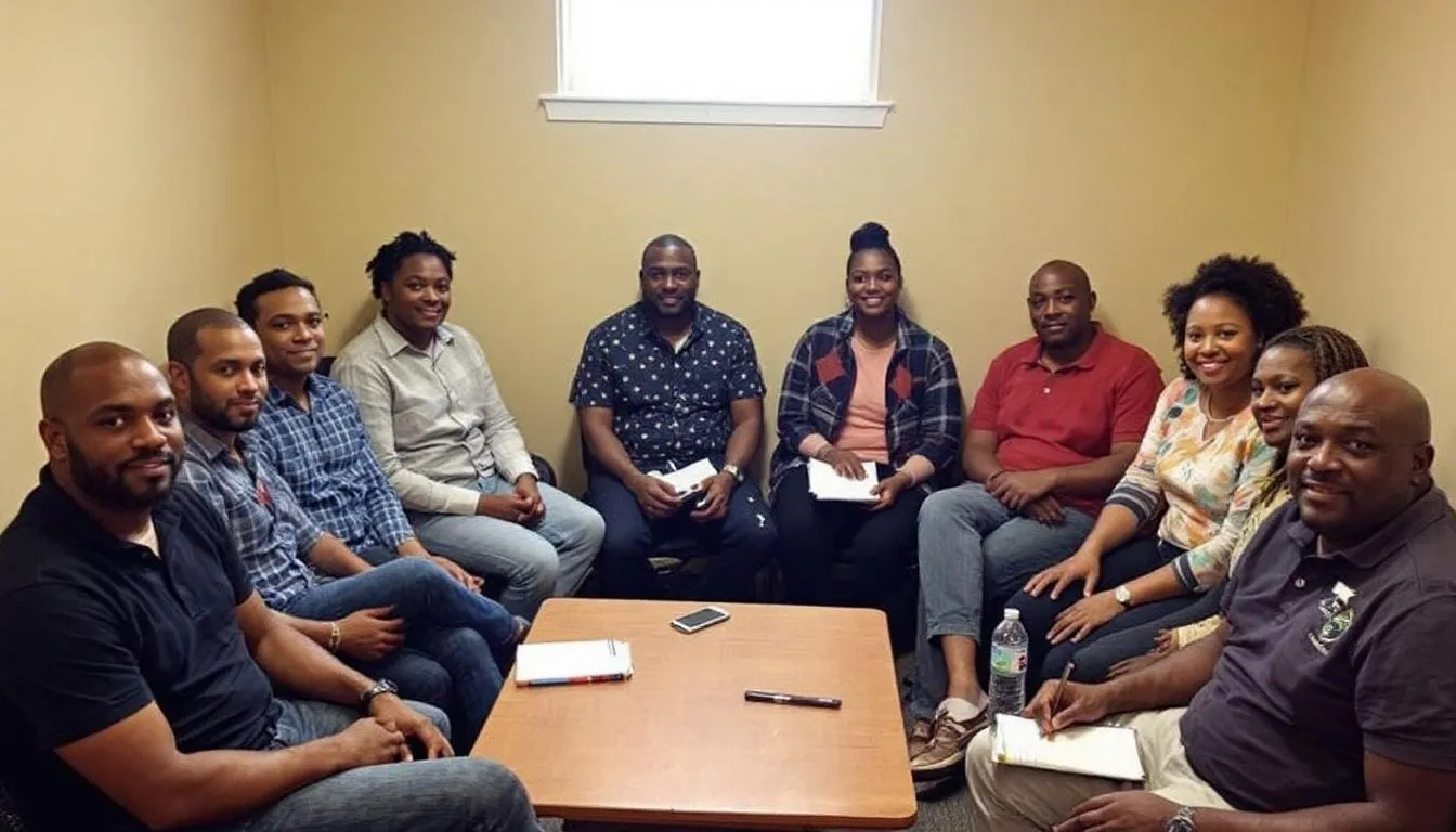 In the image, a diverse group of individuals sits in a circle during a support group meeting, sharing their experiences with alcohol use disorder and discussing strategies to stop drinking. The atmosphere is supportive and focused on recovery, emphasizing the importance of managing alcohol cravings and seeking treatment for alcohol addiction.