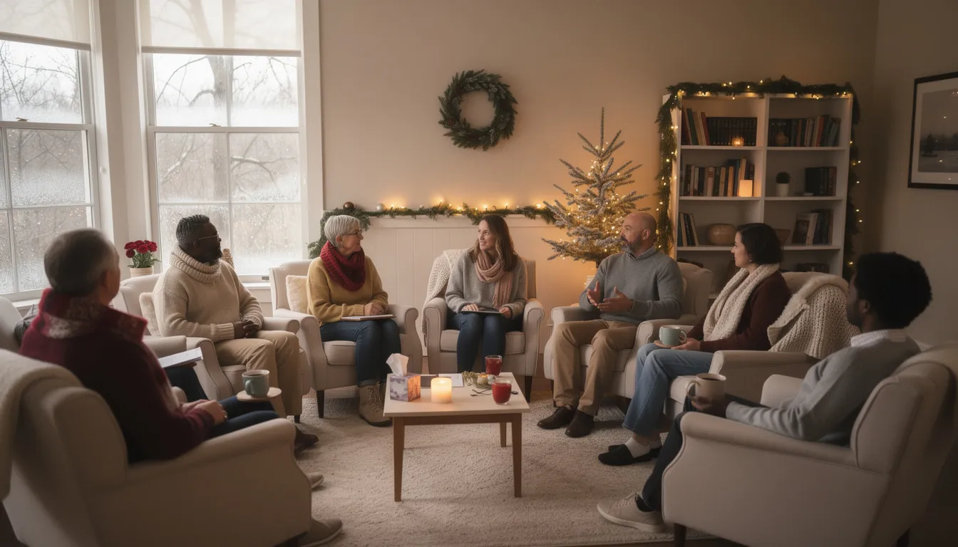 The image depicts a group therapy session taking place in a cozy room adorned with subtle winter and holiday decorations, creating a supportive environment for individuals addressing mental health issues and substance use disorders. Participants are engaged in group counseling, sharing their experiences as part of their healing process and recovery works program.