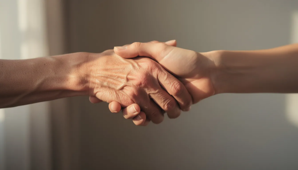 Supportive handshake representing help and guidance for alcoholism recovery