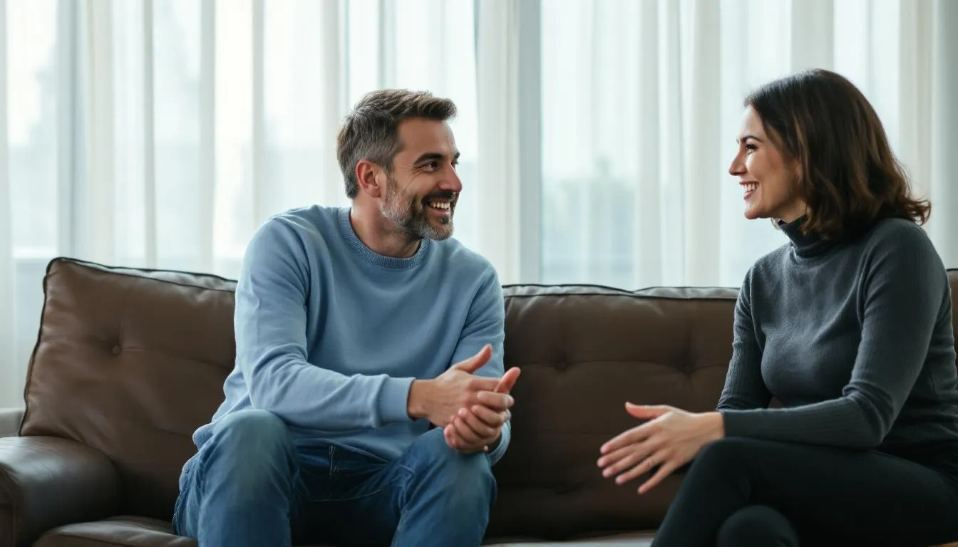 In the image, two people sit on a couch engaged in a supportive conversation, offering each other comfort and understanding. This scene reflects the importance of seeking support during the recovery journey from alcohol use disorder and highlights the role of supportive relationships in managing alcohol problems.