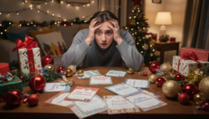 The image depicts a person looking overwhelmed amidst an array of holiday decorations and party invitations, illustrating the stress that can arise during festive seasons. This scene highlights the importance of effective stress management techniques and self-care strategies to cope with feelings of anxiety and maintain emotional well-being during challenging situations.