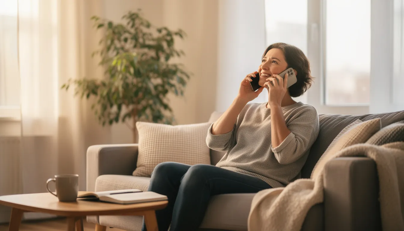 The image depicts a person engaged in a hopeful phone conversation while seated in a bright, comfortable room, suggesting a supportive environment often associated with intensive outpatient treatment for mental health and substance use disorders. The warm atmosphere reflects a space conducive to healing and connection, vital in the addiction treatment process.