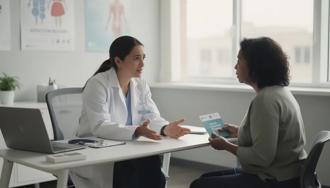 A compassionate medical professional is seen consulting with a patient, emphasizing the importance of supportive care in opioid treatment programs. The scene highlights the dedication to helping individuals manage opioid use disorder through personalized treatment and counseling services.