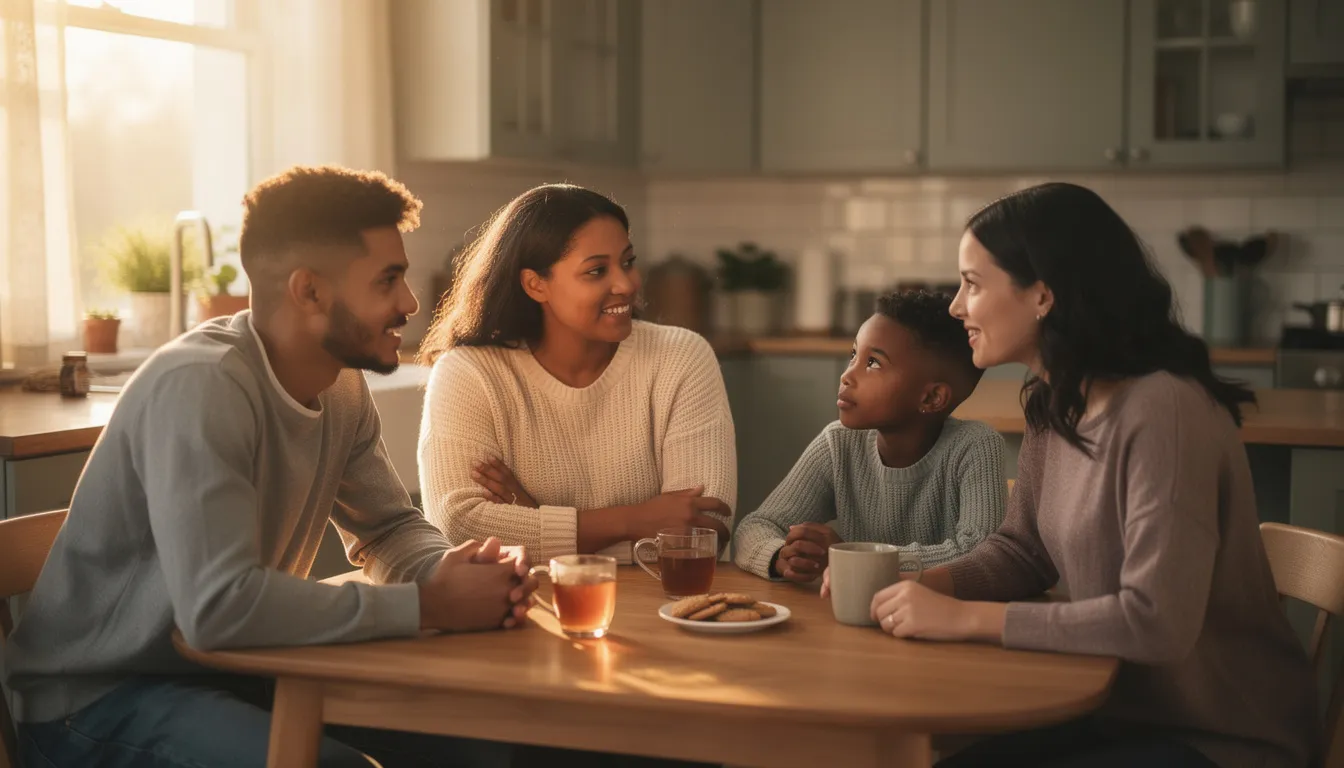 The image depicts a family gathered around a kitchen table, engaging in a warm and supportive conversation, showcasing the importance of family involvement in the treatment process for mental health and substance use disorders. This intimate setting highlights the value of open communication and connection, which are vital components of effective treatment and recovery.