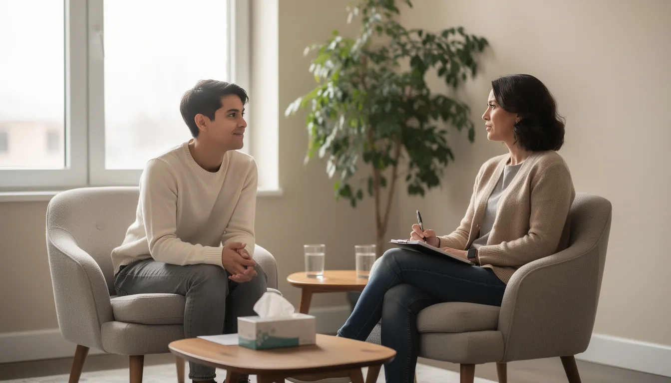 The image shows a person engaged in a supportive conversation with a counselor in a comfortable clinical setting, discussing strategies to address alcohol use disorder and the importance of a comprehensive treatment plan. This setting emphasizes the supportive environment necessary for individuals seeking help with alcohol dependence and the potential side effects of medications like disulfiram, commonly known as Antabuse.