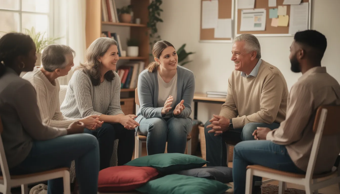 The image depicts a group of individuals sitting together in a supportive circle, actively engaged in conversation as they share their experiences related to alcohol use disorder and recovery. This scene emphasizes the importance of support groups and group therapy in managing alcohol problems and fostering a positive environment for those on their recovery journey.