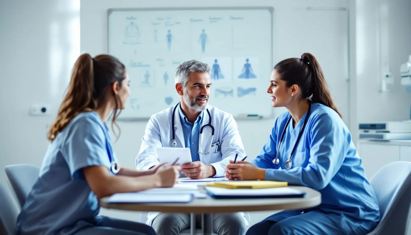 The image depicts a group of healthcare professionals engaged in a meeting, discussing strategies for improving patient care, particularly focusing on mental health and substance use disorders. They are sharing insights on treatment options and integrated care approaches to support individuals struggling with mental health conditions and addiction.