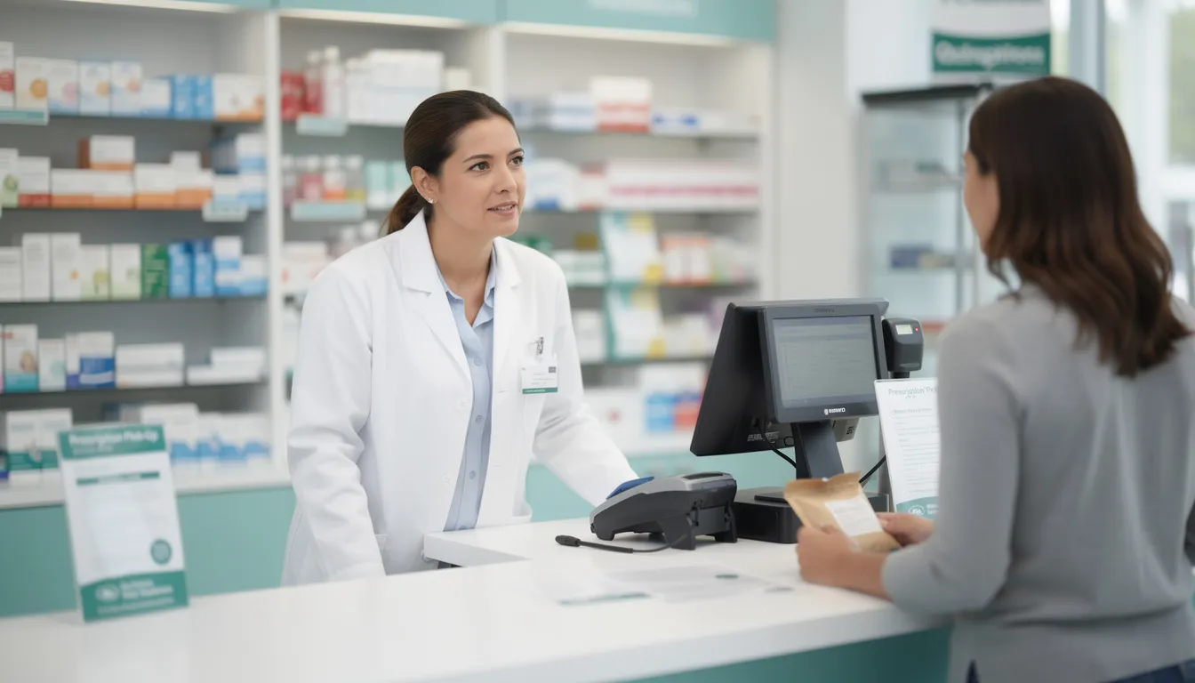 The image depicts a community pharmacy counter where a pharmacist is engaging in a conversation with a customer, likely discussing the importance of carrying naloxone, a life-saving medication used to reverse opioid overdoses. The pharmacist may be providing information about naloxone nasal spray and its role in emergency treatment for opioid addiction and overdose situations.