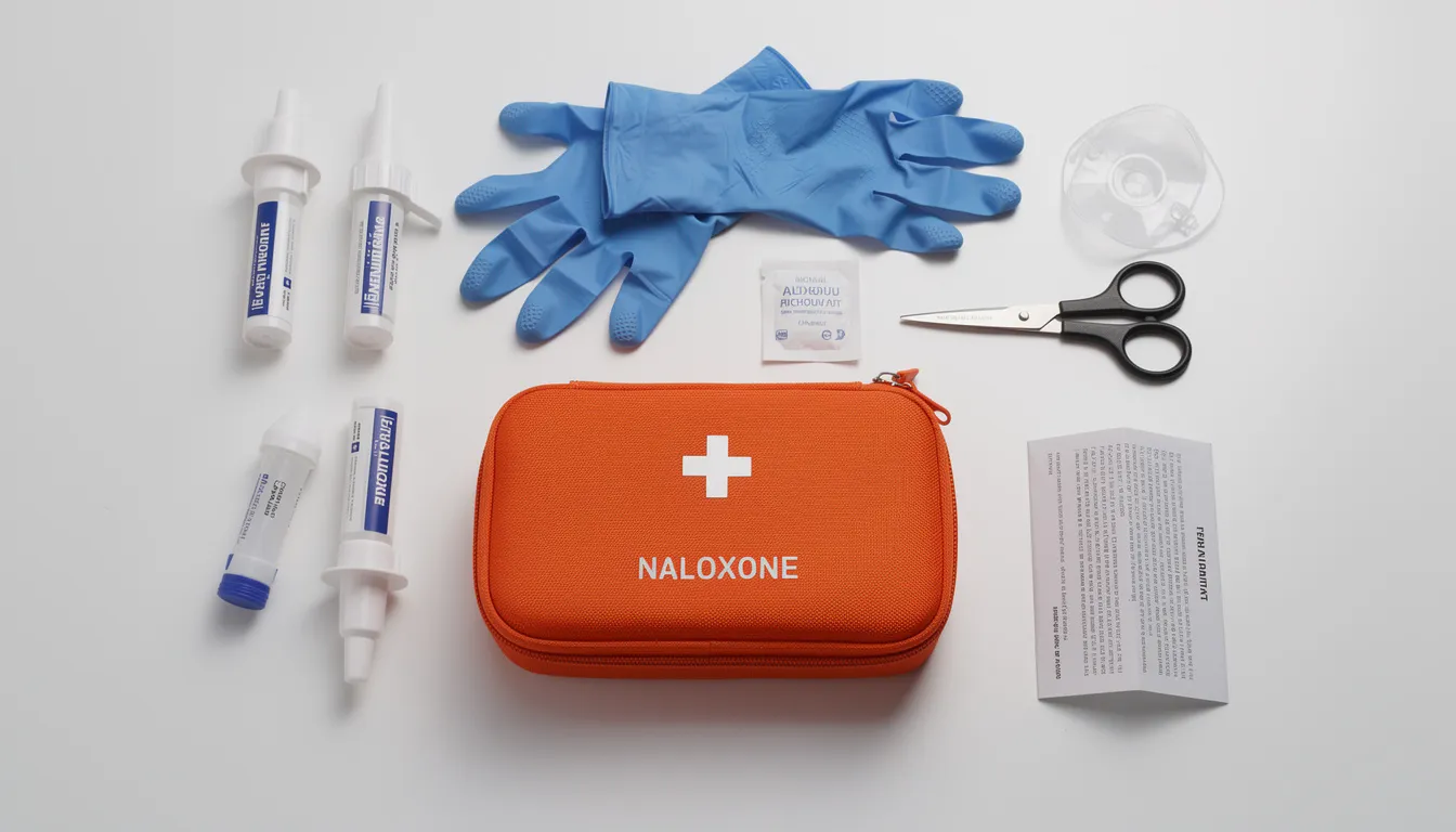 The image shows an orange naloxone kit placed on a clean surface, symbolizing a critical emergency medical supply for addressing opioid overdoses, particularly those involving dangerous mixtures like xylazine and fentanyl. This kit is essential for harm reduction strategies aimed at saving lives in the face of rising overdose deaths.