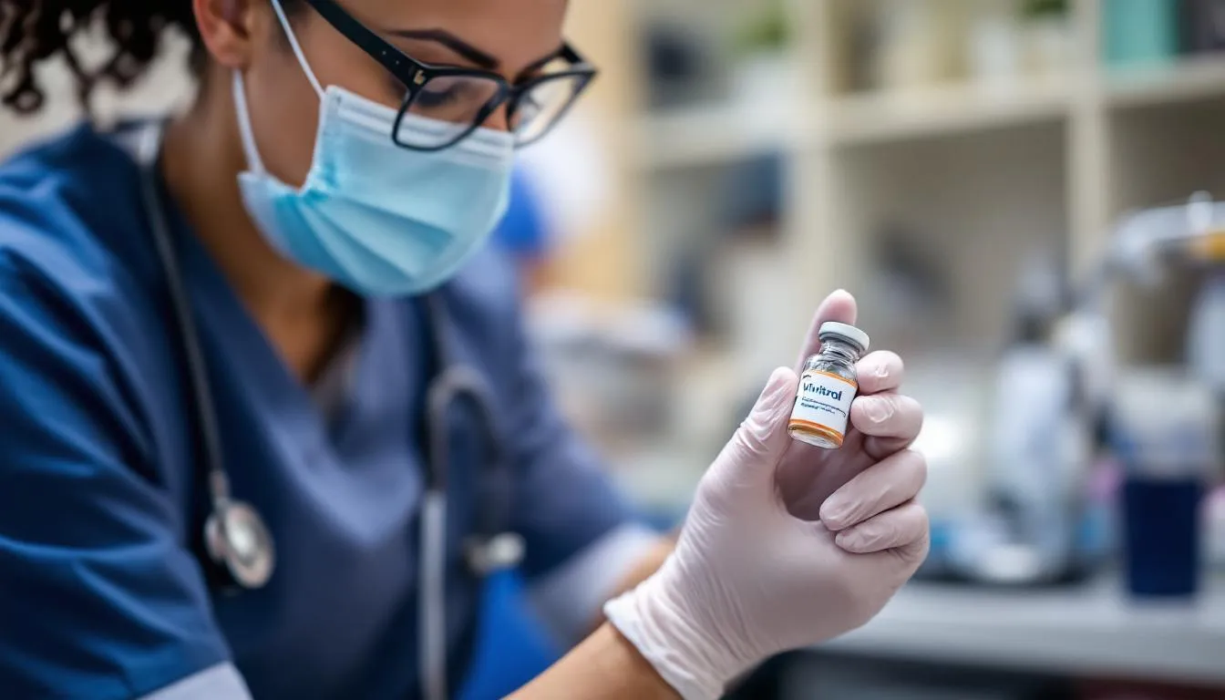 A healthcare professional is seen preparing a Vivitrol injection in a medical setting, emphasizing the importance of this opioid antagonist in treating opioid use disorder and alcohol dependence. The professional is focused on ensuring the correct dosage for the patient to help maintain abstinence and prevent relapse.