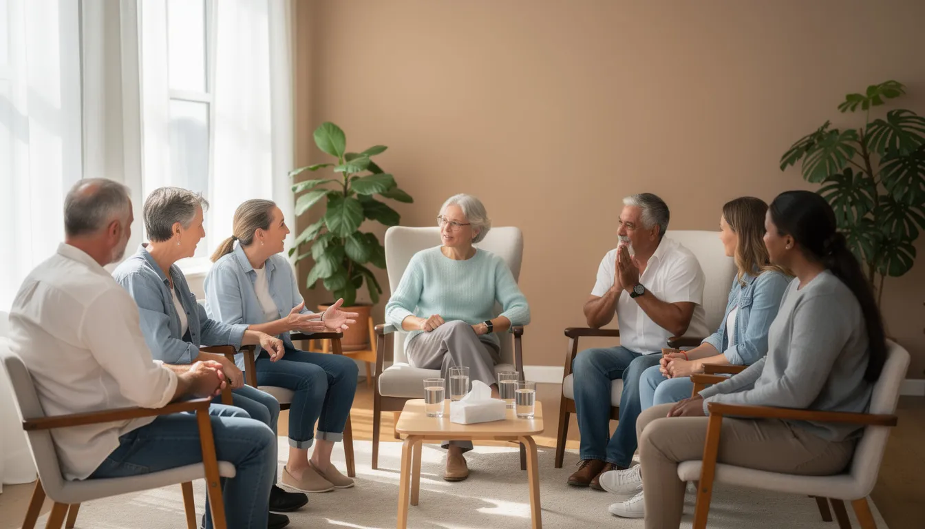 A diverse group of individuals is sitting in a circle during a supportive group therapy session, sharing their experiences with opioid addiction and discussing the challenges of suboxone withdrawal symptoms. The atmosphere is empathetic and encouraging, highlighting the importance of community in the recovery process.