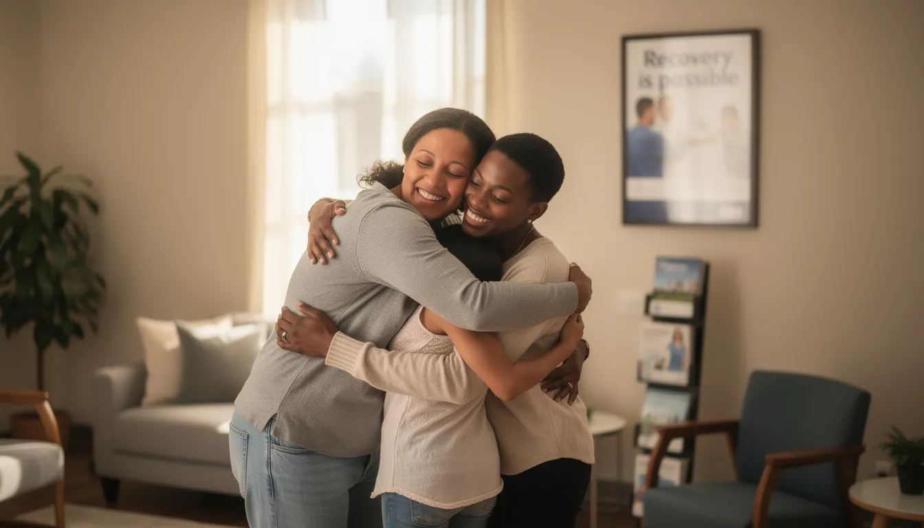 The image depicts a hopeful individual or family embracing each other, symbolizing the success of recovery from opioid use disorder through treatment programs. This moment reflects the support and improved quality of life that can be achieved after engaging in opioid treatment and medication-assisted treatment services.