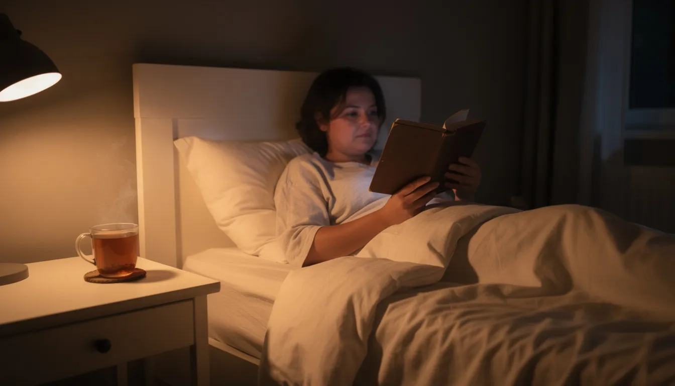 A person is comfortably reading a book in bed, surrounded by dim lighting that promotes relaxation, with a cup of herbal tea nearby. This scene reflects healthy ways to cope with stress and emphasizes the importance of self-care in maintaining mental well-being during recovery.