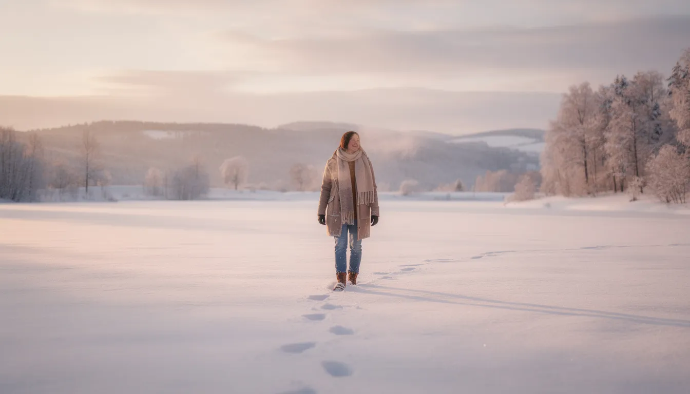 A person is walking peacefully through a serene, snowy landscape, embodying the practice of mindfulness and self-care during difficult moments. This scene emphasizes the importance of positive affirmations and finding calm as part of a recovery journey, encouraging a positive mindset and inner strength.
