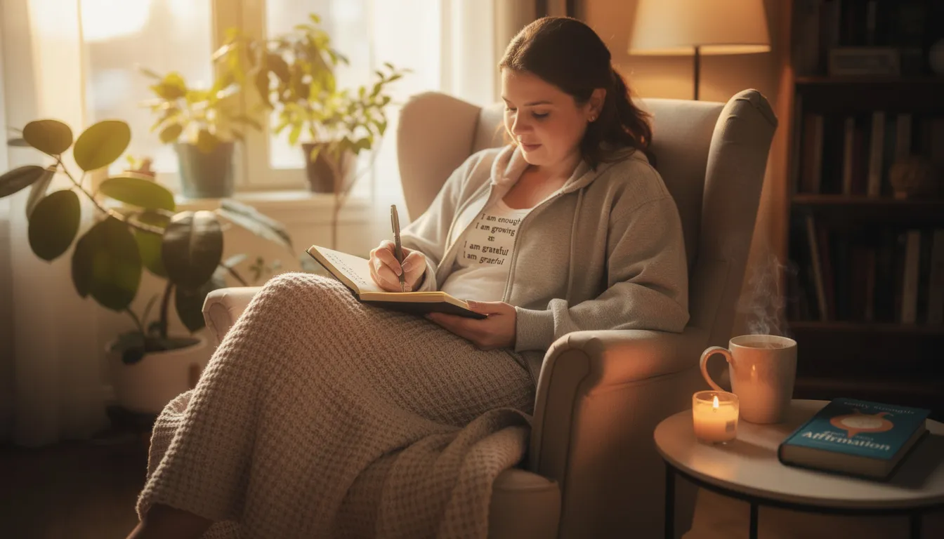 A person sits comfortably in a cozy chair, writing in a journal, symbolizing the integration of positive affirmations into their daily routine. This scene reflects the journey of self-awareness and positive thinking, highlighting the importance of replacing negative thoughts with encouraging statements for mental health and well-being.