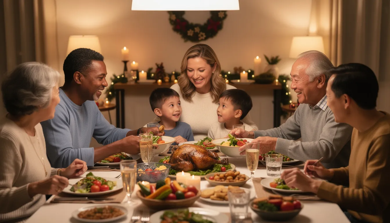 A diverse family is joyfully gathered around a dinner table during a holiday celebration, engaging in healthy interactions that promote a supportive environment. This scene reflects the importance of connection and community in the healing process, essential for those facing mental health issues and substance use disorders.
