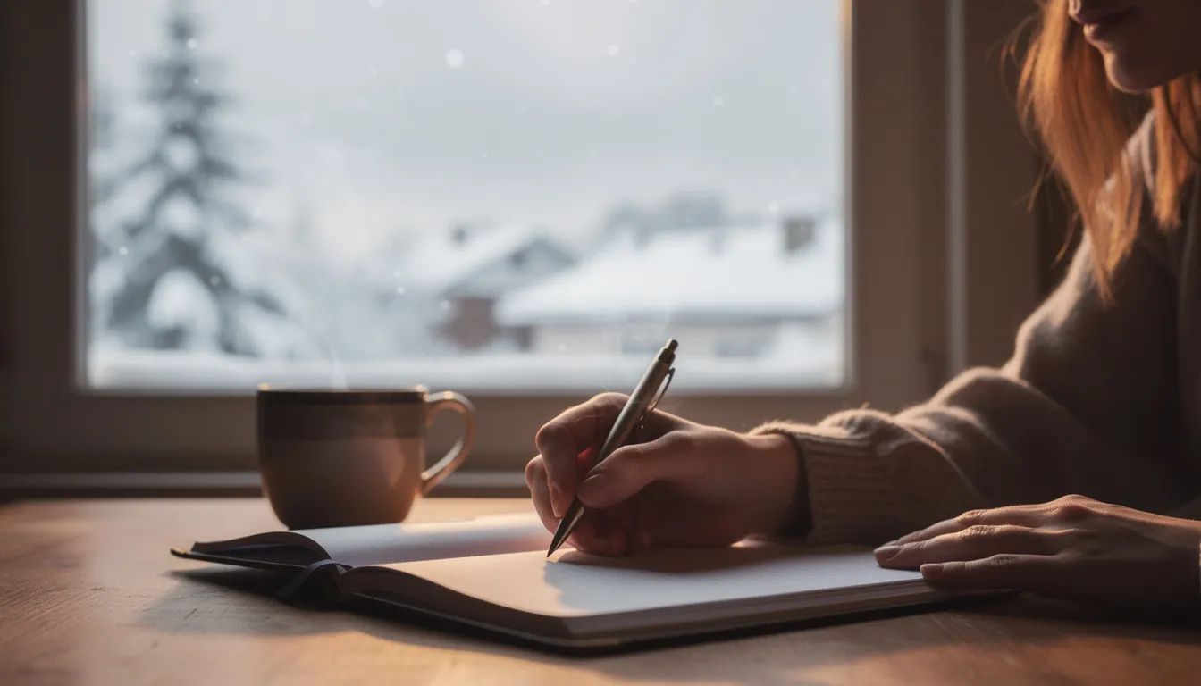 A person is sitting at a wooden table, writing in a journal while surrounded by a serene winter landscape, featuring snow-covered trees and a gentle snowfall. This peaceful setting symbolizes the healing process and personal reflection often associated with mental health treatment and recovery.