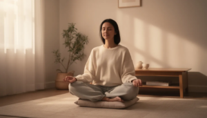 A person is meditating peacefully in a softly lit room, embodying a moment of self care that promotes both mental and physical health. This serene setting encourages emotional well-being and supports recovery outcomes through mindfulness and relaxation techniques.