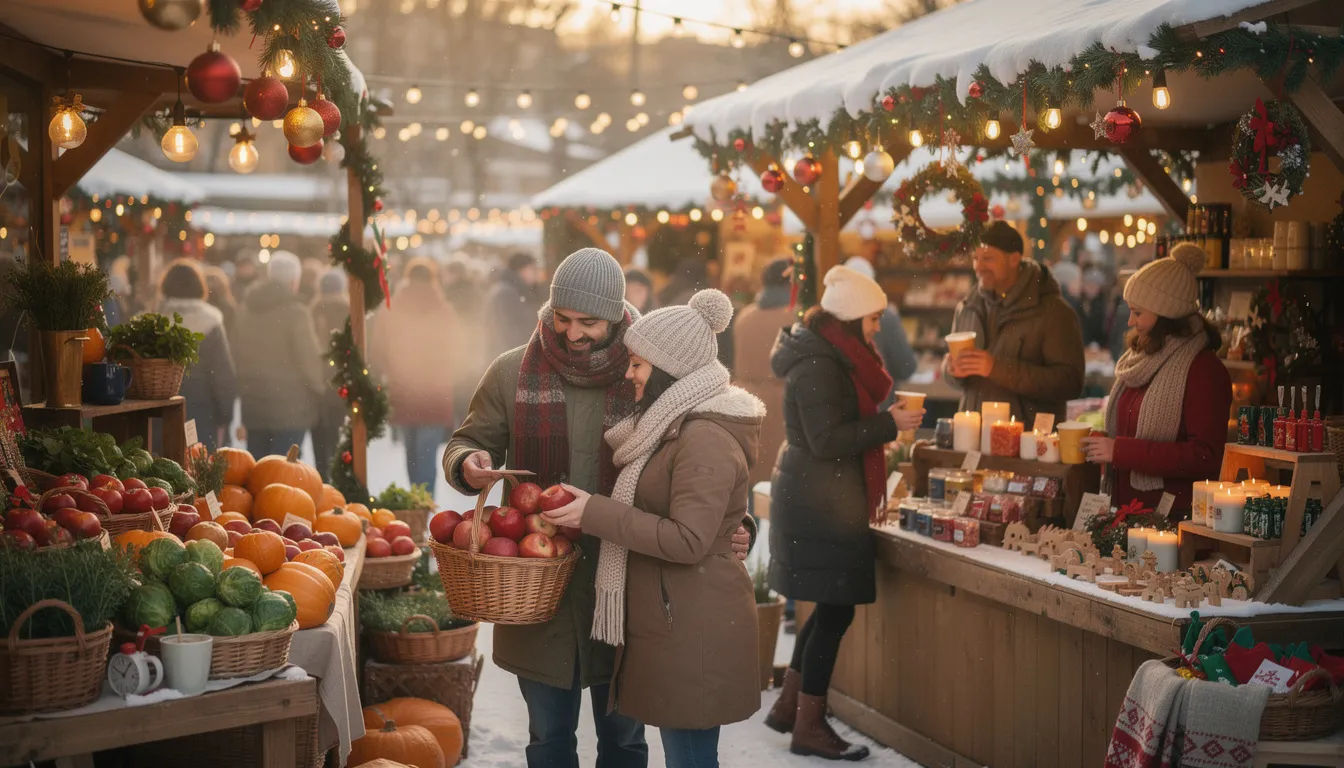 The image depicts a lively holiday farmers market where couples are exploring vibrant seasonal produce and unique crafts. This scene captures the essence of a fun, low-pressure date idea, perfect for creating memories and enjoying quality time together.