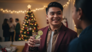 A person is smiling and engaged in conversation while holding a sparkling water with lime at a festive holiday party, showcasing a positive approach to socializing without alcohol. This scene reflects the growing trend of enjoying alcohol-free beverages during celebrations, promoting healthier drinking habits and mental clarity.