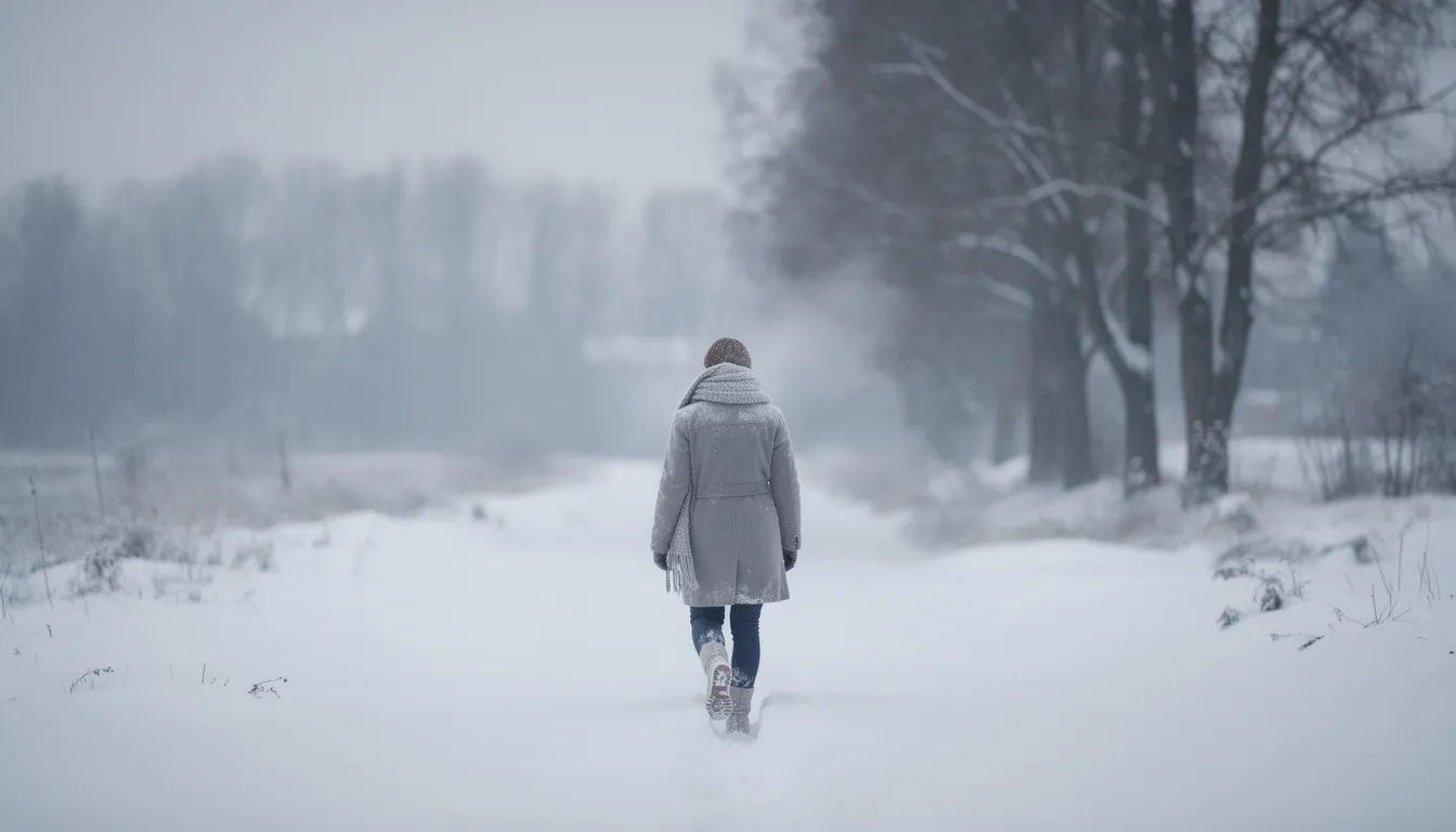 A person walks alone through a serene winter landscape, surrounded by snow-covered trees and a quiet atmosphere, symbolizing the peaceful moments found in the early stages of a recovery journey from alcohol addiction. This scene reflects the importance of self-care and seeking support as one navigates the challenges of sobriety, particularly during the first few weeks of quitting drinking.