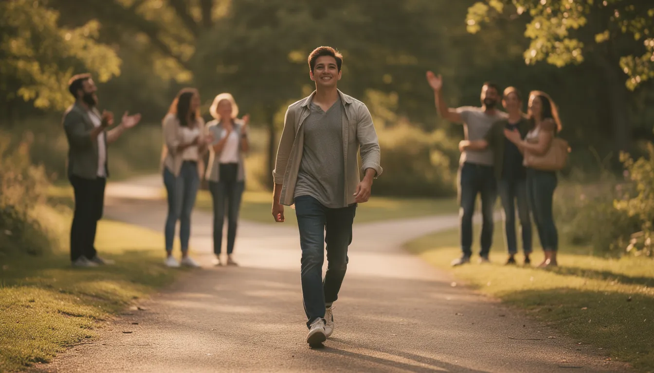 The image depicts a person walking confidently along a path, symbolizing progress in their recovery journey, while supportive figures in the background represent the encouragement found in intensive outpatient treatment and group therapy settings. This scene highlights the importance of community and support in overcoming substance use disorders and achieving successful treatment outcomes.