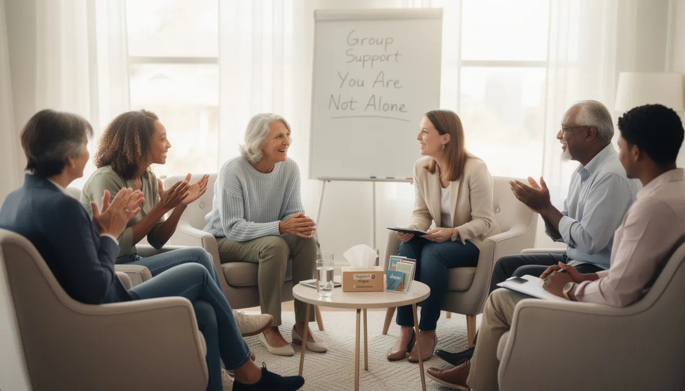 The image depicts a group therapy session where individuals gather in a circle, sharing their experiences related to opioid use disorder and the support they receive through counseling and treatment services. This setting emphasizes the importance of community and connection in the recovery process from opioid addiction.