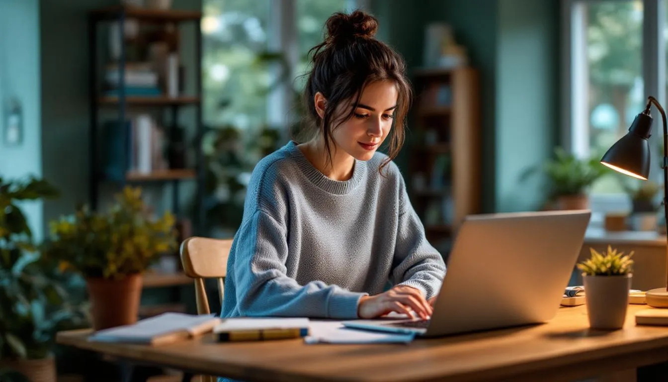 A person is sitting at a desk, focused on researching treatment options for alcohol use disorder on their laptop. The scene conveys a sense of determination and hope in seeking support for alcohol problems and exploring various treatment methods.