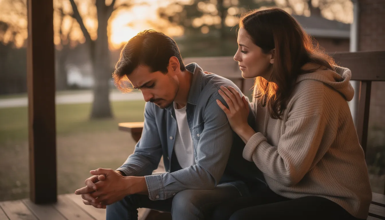 The image depicts two individuals sitting together on a porch, with one person offering a comforting hand on the other's shoulder, symbolizing support during difficult times, such as dealing with alcohol use disorder or seeking help for alcohol problems. This moment of connection highlights the importance of a support network in the recovery journey from alcohol addiction and mental health issues.