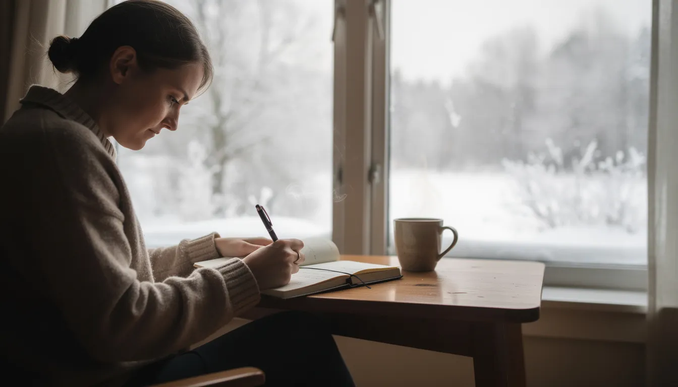 A person sits by a window, journaling while surrounded by a serene winter landscape outside, emphasizing self-care and stress management techniques for emotional well-being in everyday life. This peaceful scene promotes relaxation and mindfulness, valuable tools in managing stress effectively during addiction recovery.